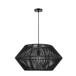 Terra 1-Light Matte Black Chandelier with Natural Twine Shade and Designer Black Cloth Hanging Co... | The Home Depot