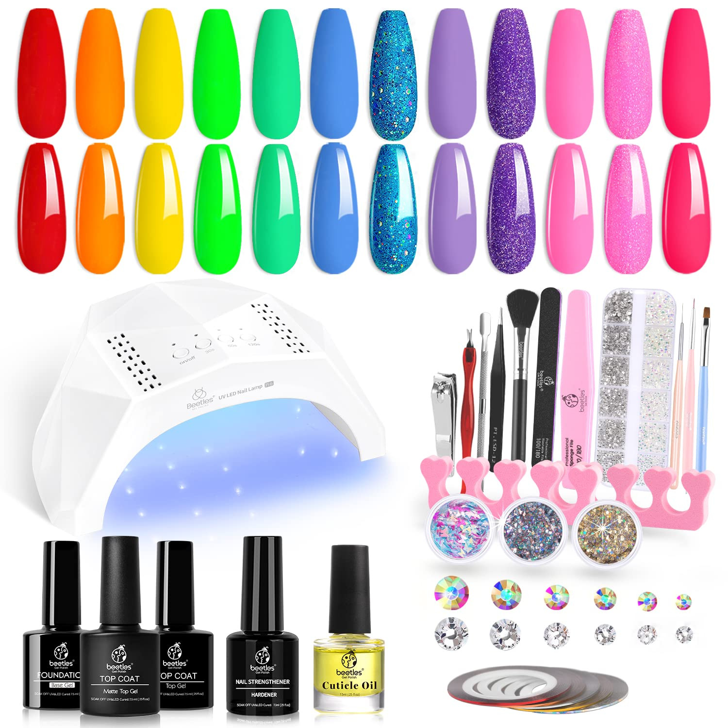 Beetles Gel Nail Polish Starter Kit with U V Light, 12 Color Gel Polish with 48W U V LED Nail Lamp G | Amazon (US)