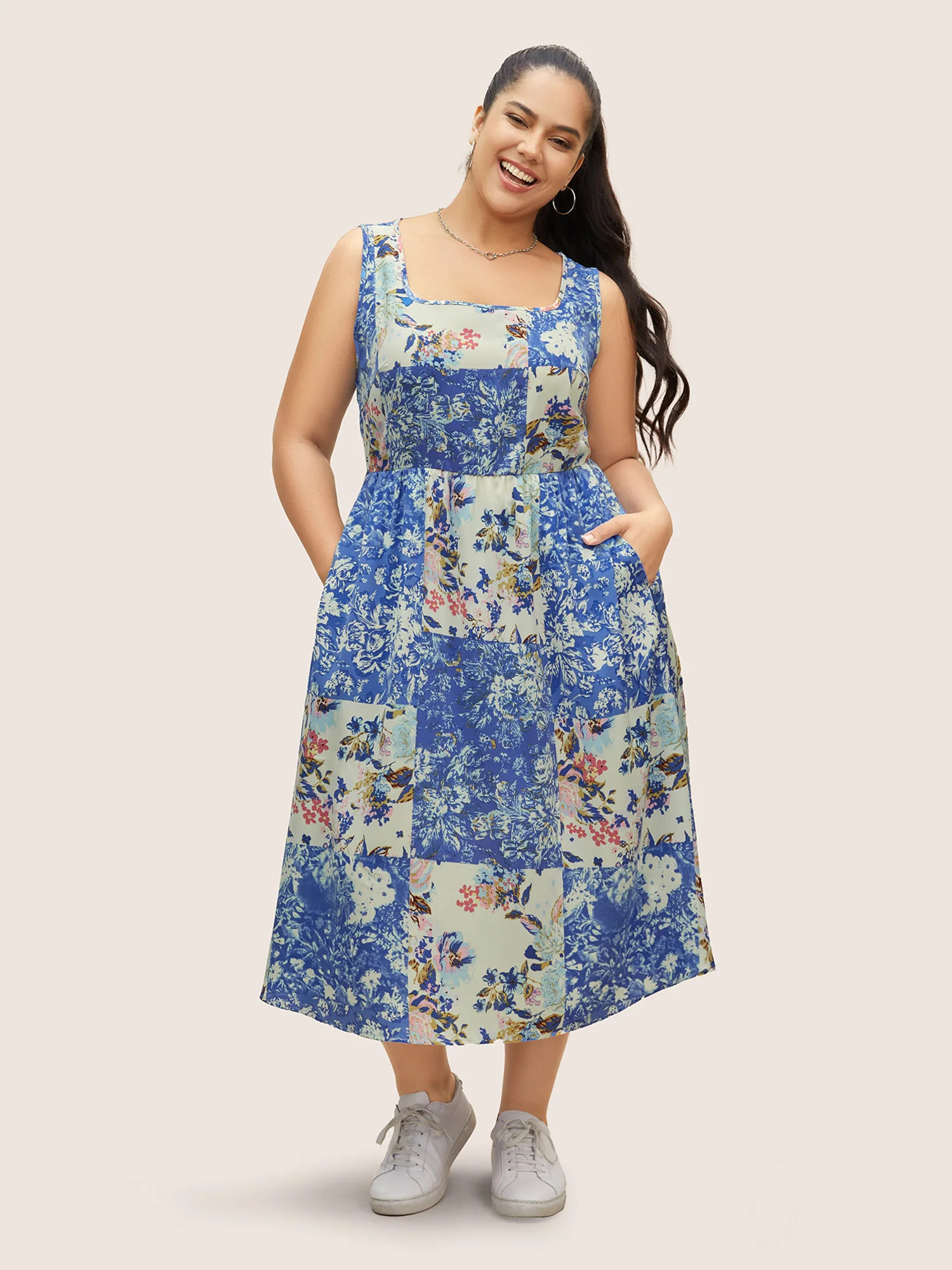 Patchwork Floral Square Neck Elastic Waist Midi Dress | Bloomchic