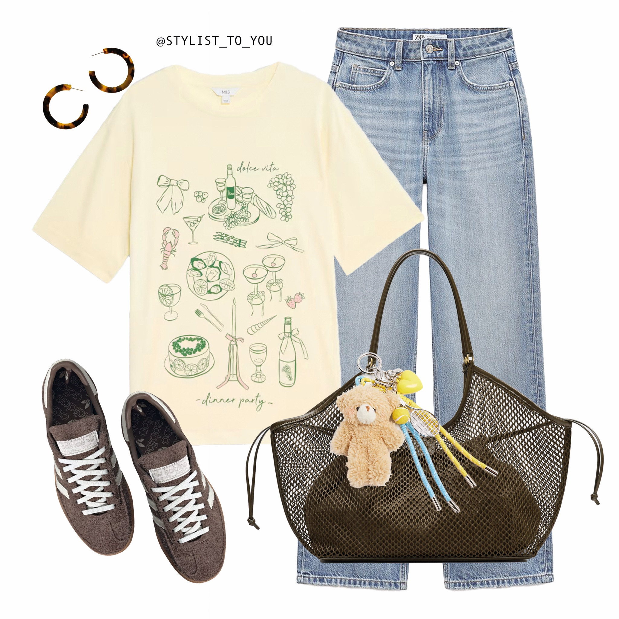 Limoncello 🍋💛

A relaxed and playful outfit with an m&s lemon graphic t-shirt featuring food illustrations, light wash blue straight-leg jeans, dark brown Adidas shoes, a mesh tote bag with a fun teddy bear keychain charm, and tortoiseshell hoop earrings.
graphic tee, printed t-shirt, foodie fashion, casual streetwear, laid-back outfit, light blue jeans, straight-leg denim, vintage wash jeans, relaxed fit, everyday style, casual chic, Adidas, brown sneakers, Gazelle shoes, sporty look, it girl, trendy basics, aesthetic outfit, neutral colours, minimal fashion, mesh bag, oversized tote, bag charm, statement accessories, hoops, cute details, street style, effortless fashion, weekend wardrobe, city casual, comfy and stylish, trendy essentials, modern chic, youthful fashion, soft tones, versatile outfit, 90s vibes, fashion blogger look, fresh style, outfit of the day

#LTKgiftguide #LTKeurope #LTKuk
