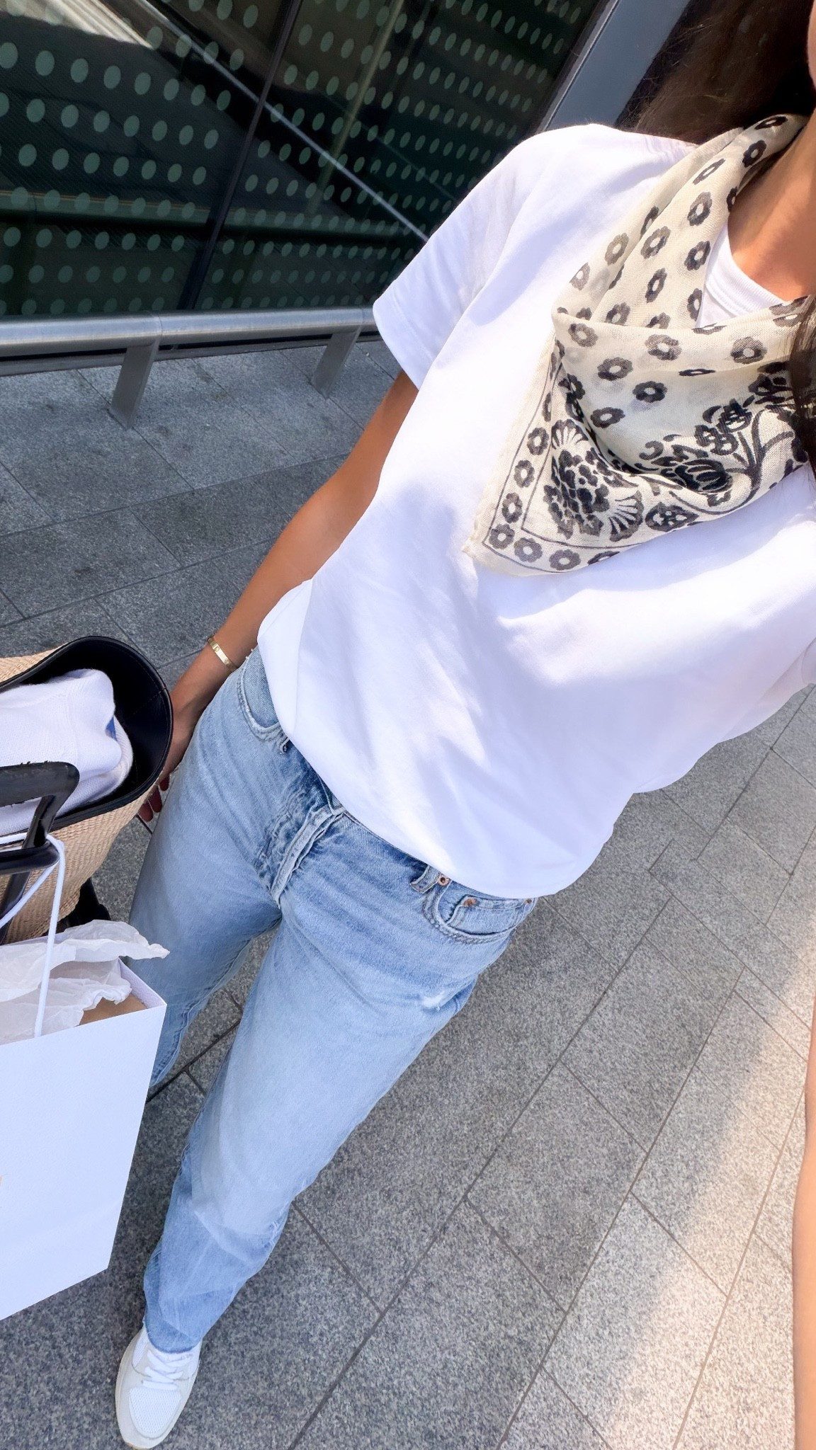 Travel outfit, scarf, denim jean, white t-shirt. 

Exact scarf linked on my New and Noteworthy London Substack post!

#LTKootd #LTKTravel #LTKSeasonal