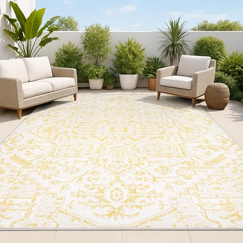 JONATHAN Y Boho Medallion Indoor Outdoor Area Rug 9X12 Cream/Yellow, Estrella Textured Weave for Backyard, Patio, Porch, Easy-Cleaning, High Traffic, Pet-Friendly, Non-Shedding (SMB105H-9) | Amazon (US)