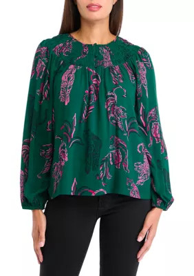 Crown & Ivy™ Women's Long Sleeve Smocked Printed Top | Belk
