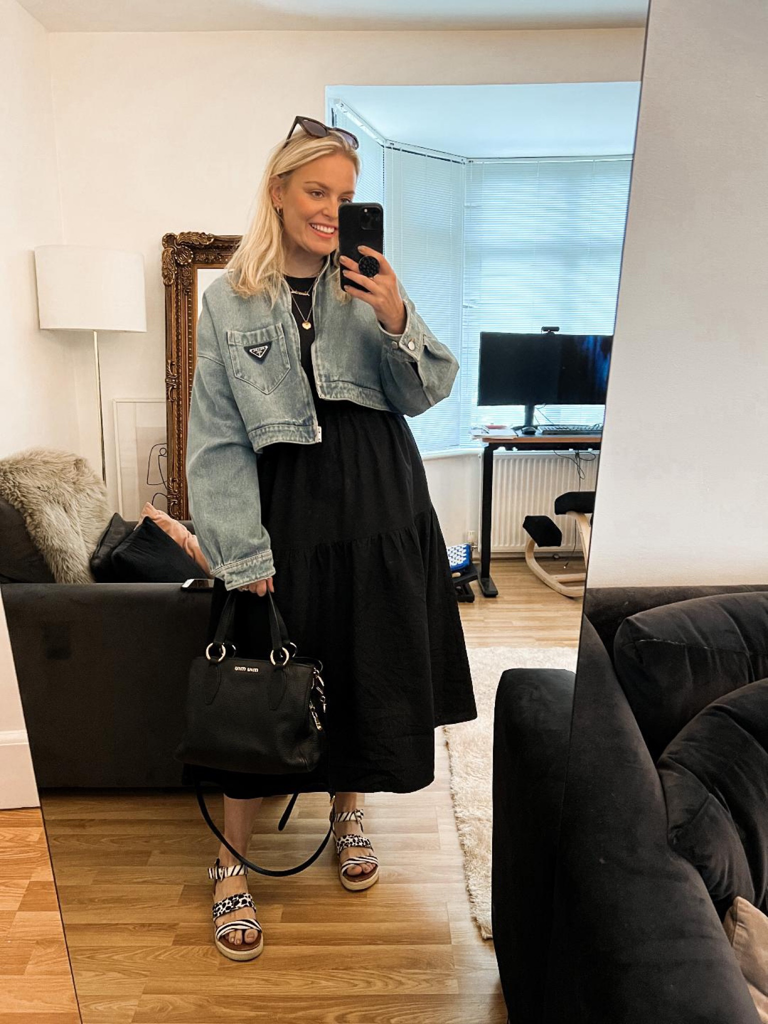 Black ruffle maxi dress, cropped denim jacket, patterned sandals, black crossbody bag, gold necklace, black sunglasses, sunnies 

#LTKeurope #LTKstyletip #LTKSeasonal