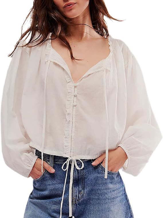 Women Y2k Tie Up Neck Blouse Casual Loose Ruffle Long Sleeve V Neck Shirt Trendy Dressy Blouse | Amazon (US)