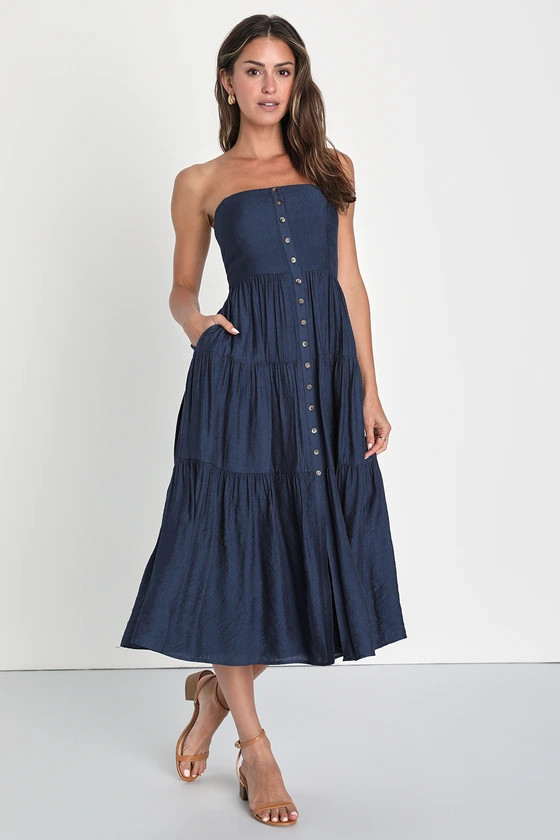 Sweetness and Sunshine Navy Strapless Midi Dress With Pockets | Lulus