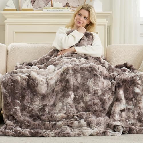 Cozy Bliss Deluxe Striped Rabbit Faux Fur Throw Blanket, Soft Fluffy Warm Plush Blanket for Winter, Modern Homr Decor, Tie-dye Grey 60"x80" | Amazon (US)