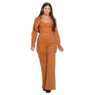 Slickblue Women's 3PCS Crop Jacket Set with Top and Bottoms, Coordinated Fit for Casual or Travel, Brown, S | Target