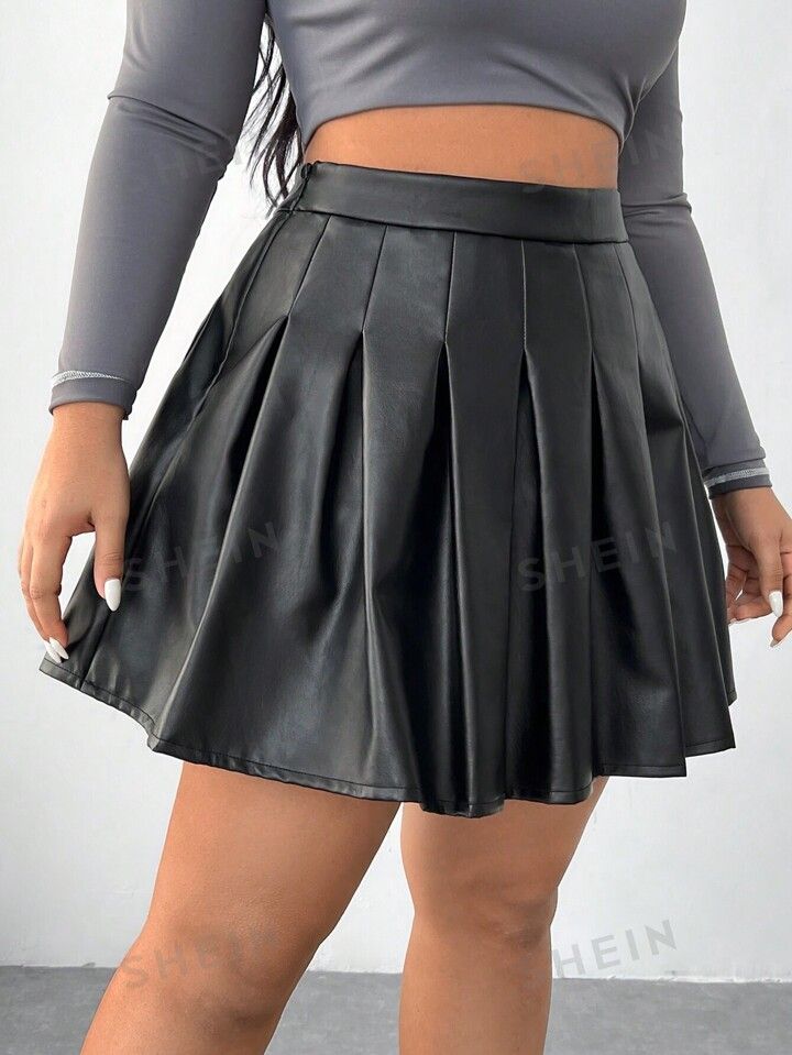SHEIN EZwear Plus High Waist PU Leather Pleated Skirt | SHEIN