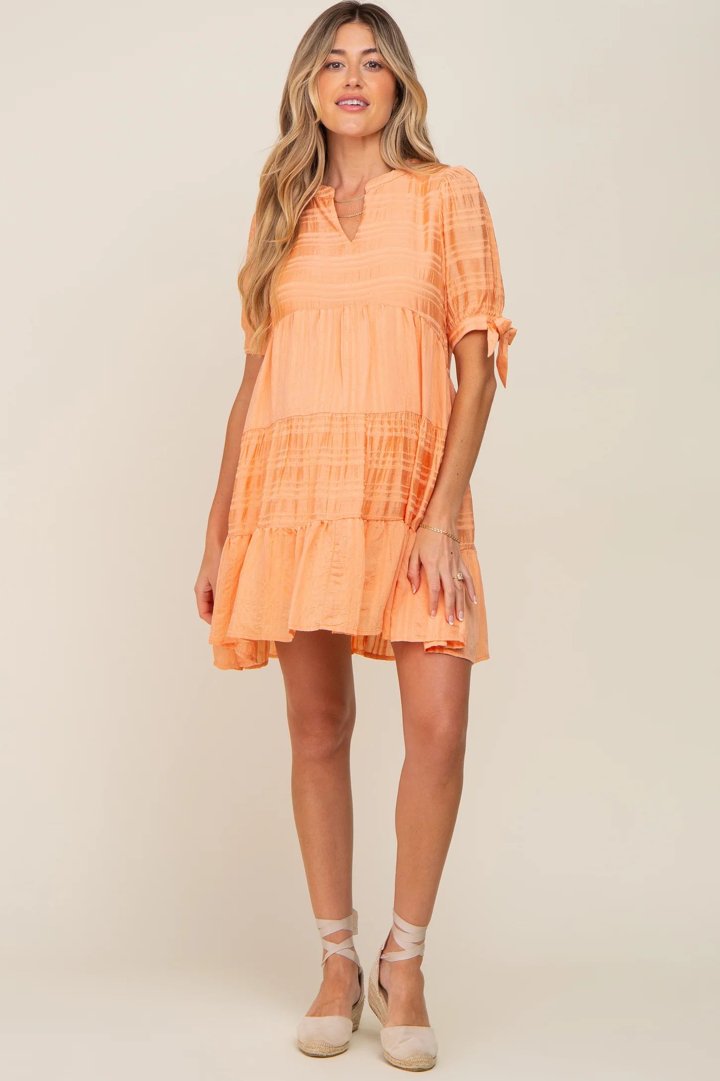 Peach Textured Stripe V-Neck Tiered Maternity Dress | PinkBlush Maternity