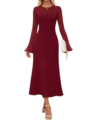 MEROKEETY Women's Sweater Dress Fall 2025 Long Sleeve Formal Wedding Guest Cocktail Bodycon Floral Maxi Winter Dresses, Burgundy, Medium | Amazon (US)