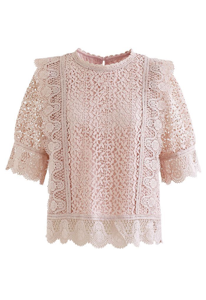 Floret Cutwork Scalloped Edge Crochet Top in Pink | Chicwish
