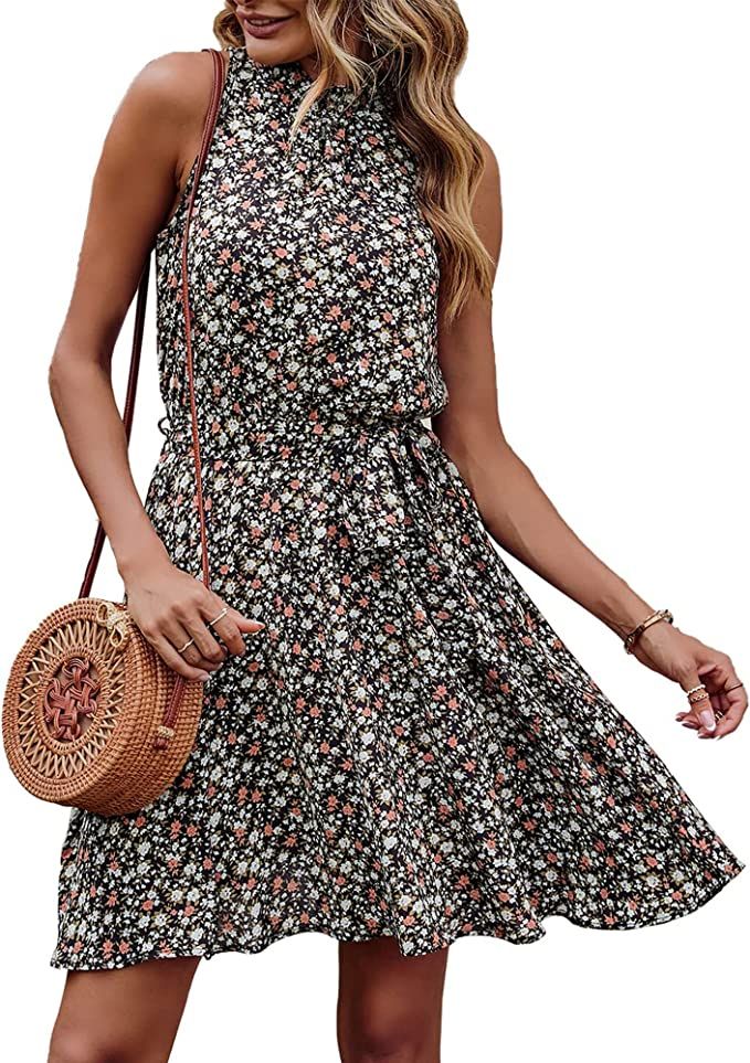 BTFBM Women 2023 Summer Halter Neck Dresses Sleeveless Casual Floral Polka Dot Leopard Print Shor... | Amazon (US)