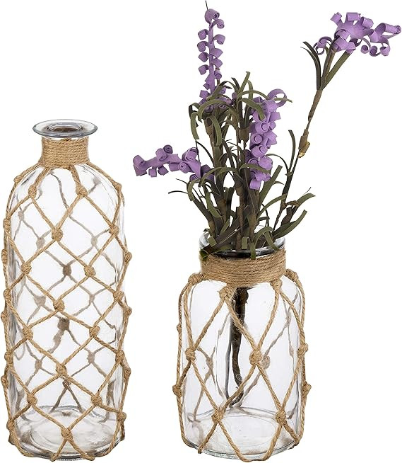 MyGift Small Glass Vases for Flowers, Set of 2 Coastal Flower Vase with Rope Wrapping for Tables ... | Amazon (US)