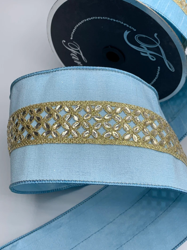4" Spring Jewels Ribbon ~ Light Blue ~ Blue Fused Back ~ Gold Jewel Center ~ Wired Edges ~ Farris... | Etsy (Global)