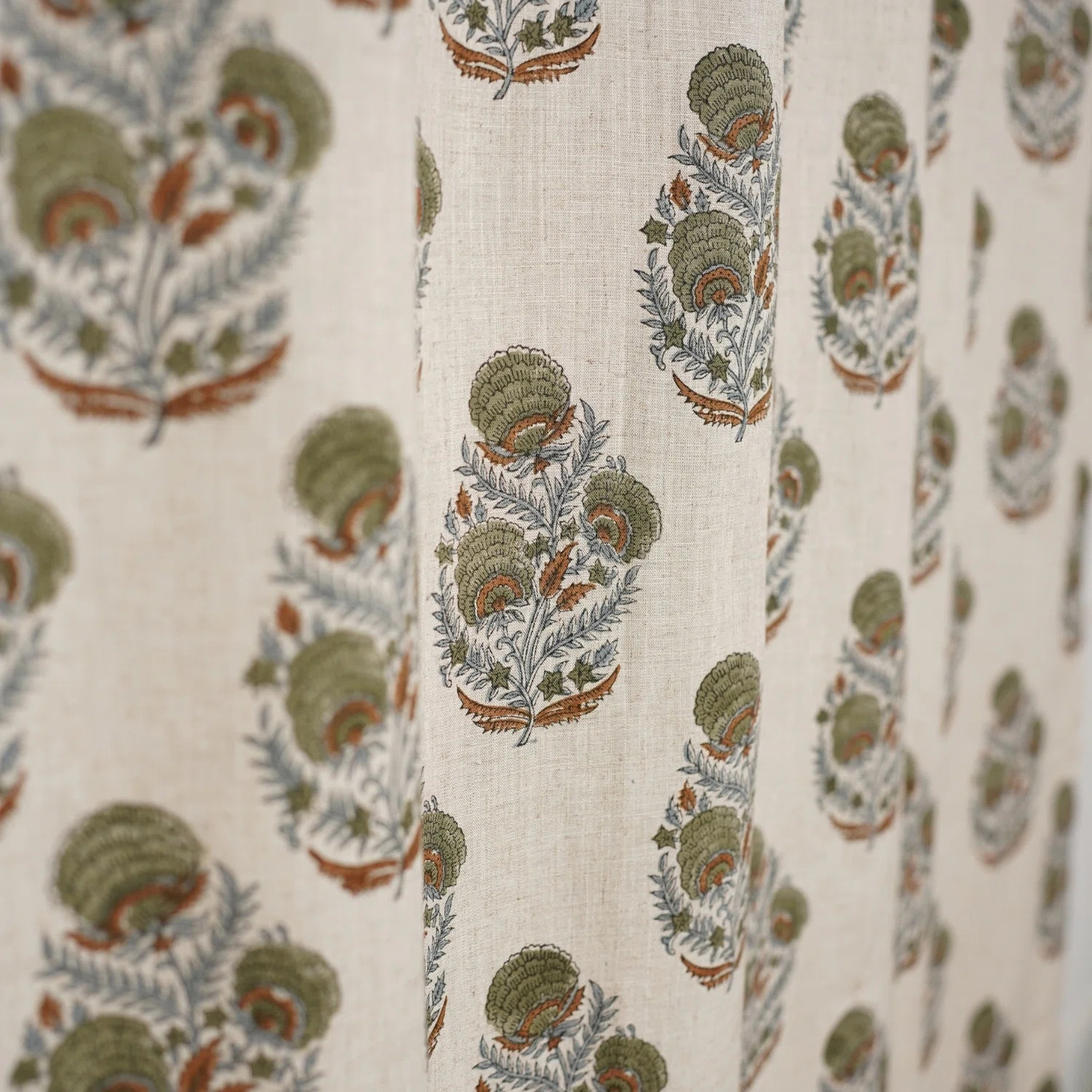 Artistic Block Print Linen Curtain Nature-Inspired, Mohini, Green | Wayfair North America