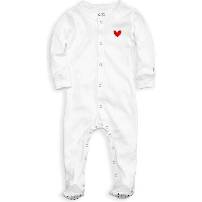 The Organic Embroidered Snap Footie, White with Red Heart | Maisonette
