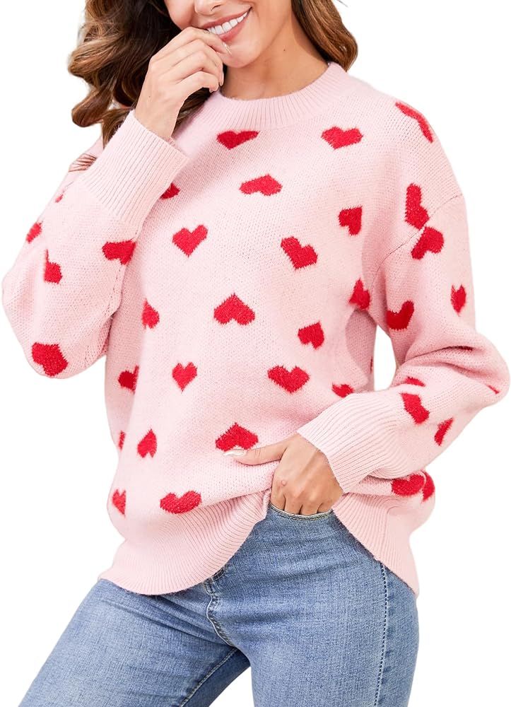 Gihuo Valentine Heart Sweater for Women Cute Kawaii Casual Crewneck Long Sleeve Knitted Pullover ... | Amazon (US)
