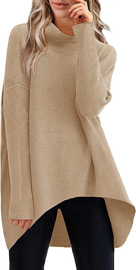 Sousuoty Womens Turtleneck Oversized Sweaters 2022 Long Batwing Sleeve Asymmetric Hem Pullover Kn... | Amazon (US)