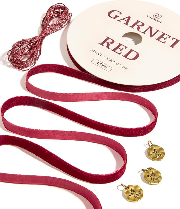 Vitalizart Red Velvet Ribbon Set 3/8" Continuous Burgundy Fabric Trim Thin Ribbon 15Yd for Gift W... | Amazon (US)