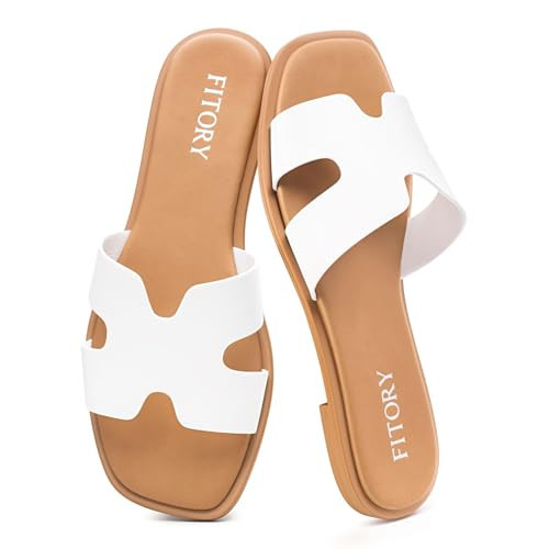 FITORY Women's Slide Sandals, Flat Fashion Square Open Toe with Cushion Slippers for Summer Beach Size 9 White | Amazon (US)