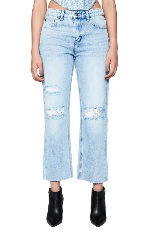 Bardot Esther Ripped Raw Hem Crop Straight Leg Jeans in Indigo at Nordstrom, Size 34 | Nordstrom