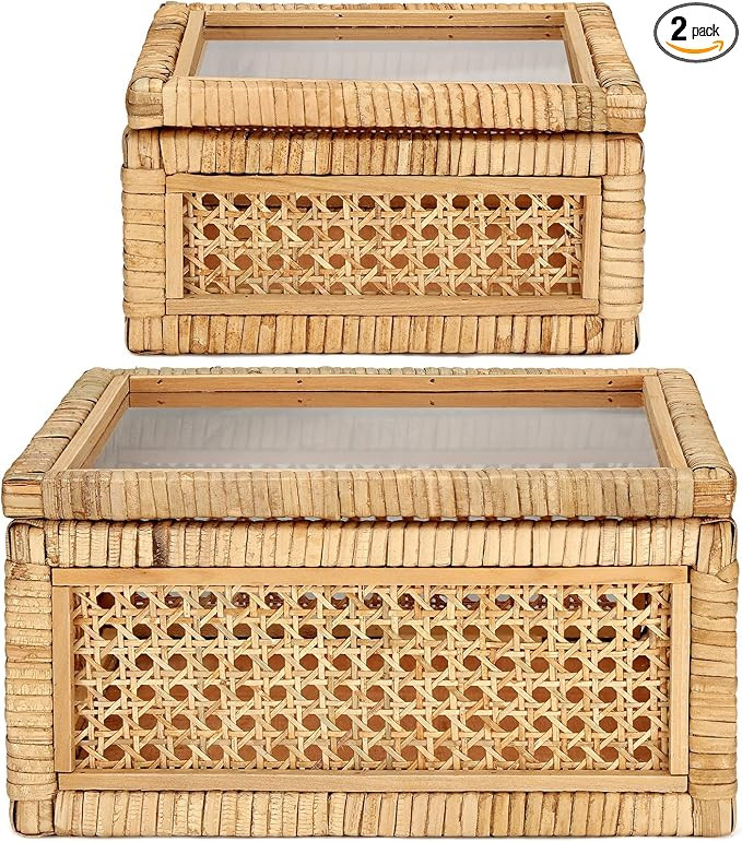 Amyhill Set of 2 Boho Rectangular Rattan Decorative Boxes with Glass Lids Woven Cane and Rattan D... | Amazon (US)