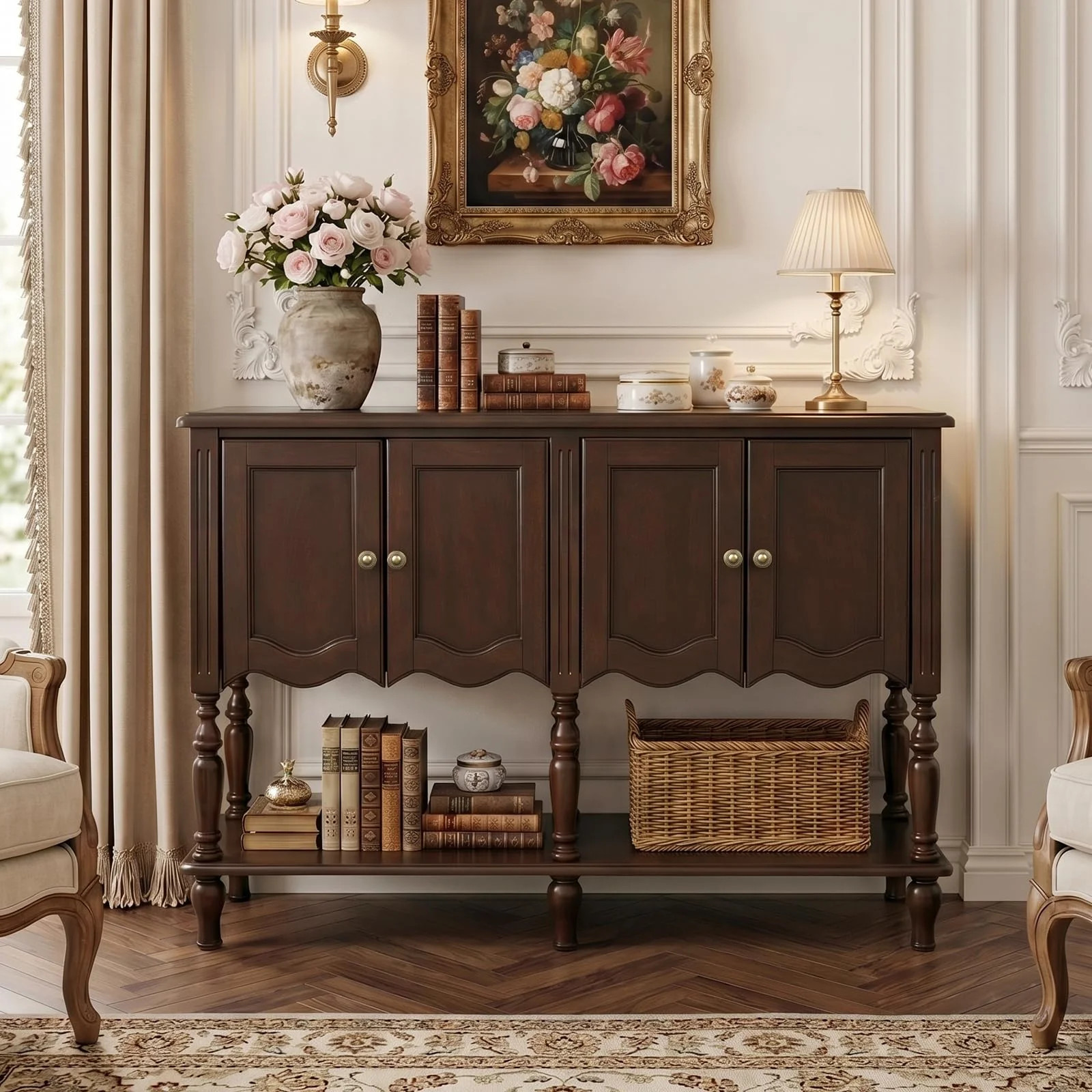 47.2" Storage Cabinet with 4 Doors, Real Wood Veneer Finish, Open Bottom Shelf, Adjustable Levelers, for Living Room & Entryway | Wayfair North America