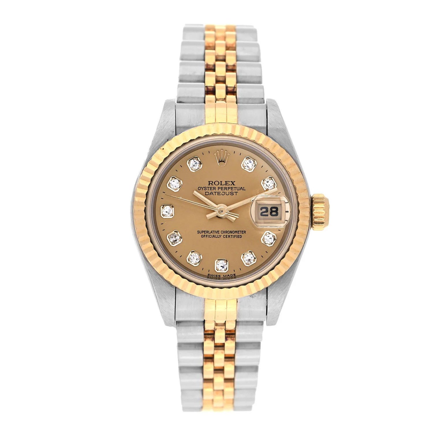 ROLEX Stainless Steel 18K Yellow Gold Diamond 26mm Oyster Perpetual Datejust Watch Champagne 6917... | Fashionphile