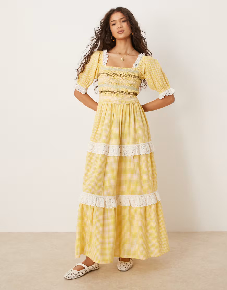 Neon Rose gingham puff sleeve midaxi dress in yellow | ASOS (Global)
