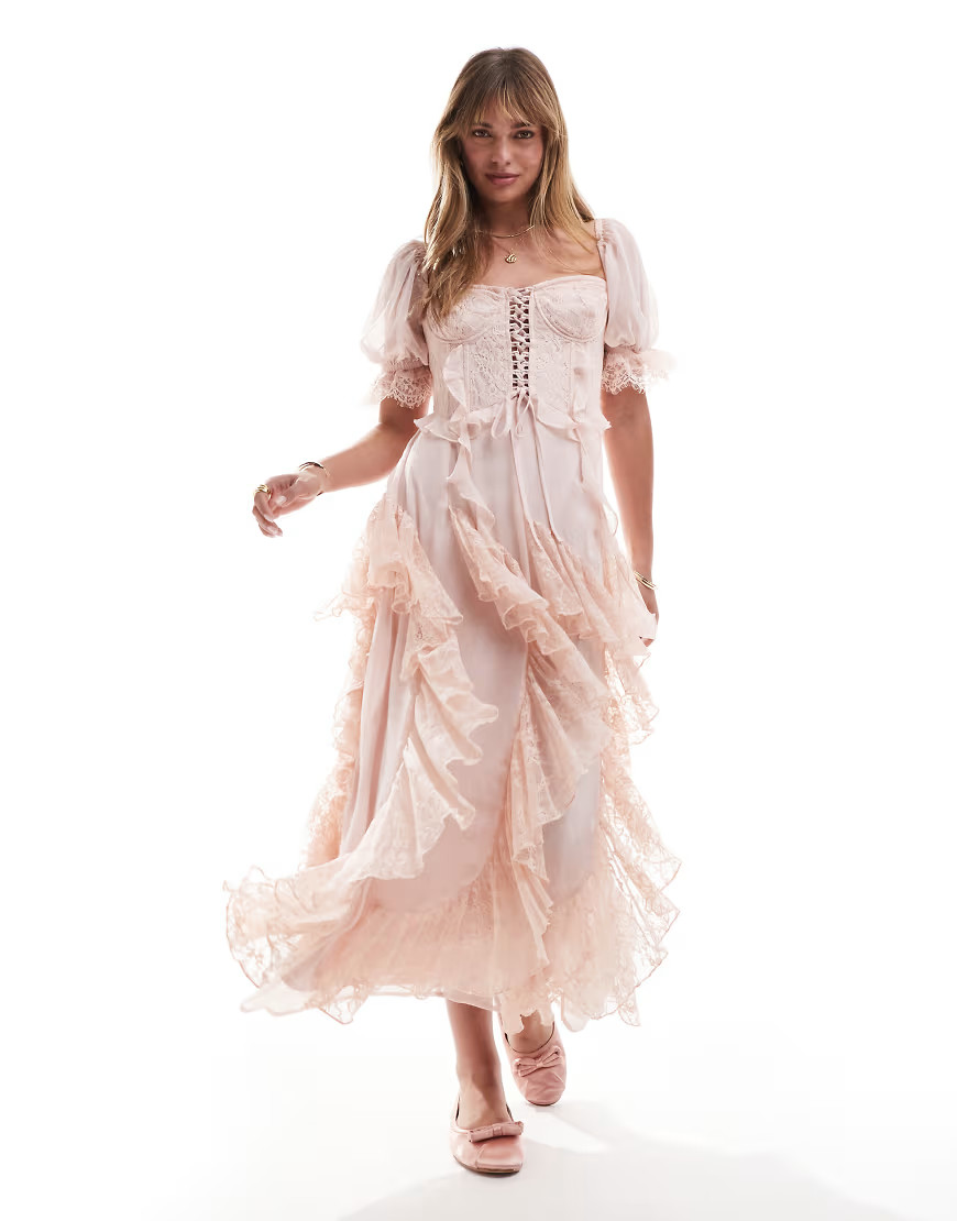 Miss Selfridge lace ruffle maxi dress in pink | ASOS (Global)