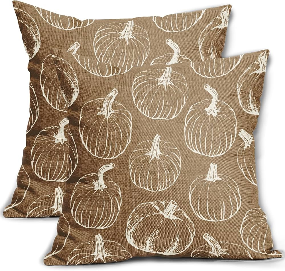 Brown Fall Pumpkin Pillow Covers 18x18 Set of 2 Autumn Themed Thanksgiving Cream Print Decorative... | Amazon (US)