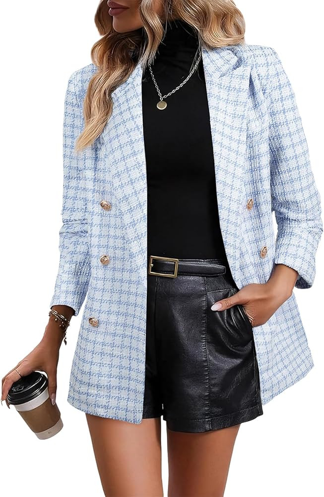 Happy Sailed Womens Plaid Tweed Blazers Dressy Casual Long Sleeve Double Breasted Open Front Blaz... | Amazon (US)