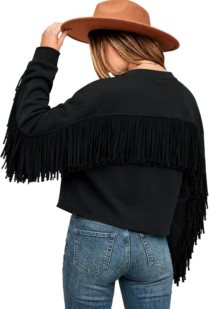 Yousify Womens Fringe Tops Crewneck Sweatshirt Long Sleeve Pullover Tops | Amazon (US)