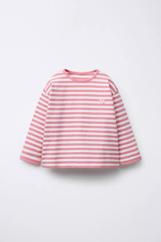 HEAVY WEIGHT WOVEN STRIPE HEART PATCH T-SHIRT | Zara US