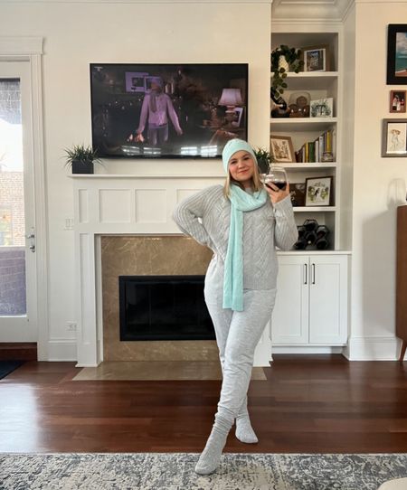 Cozy outfit inspired by Cameron Diaz in The Holiday!
Scarf and hat - 30% off!
CASHMERE socks - 30% off (amaaaazing gift!)
Cashmere sweater - size small and SO SOFT
Sweatpants - size small and 50% off!! 

#LTKCyberweek #LTKHoliday #LTKSeasonal