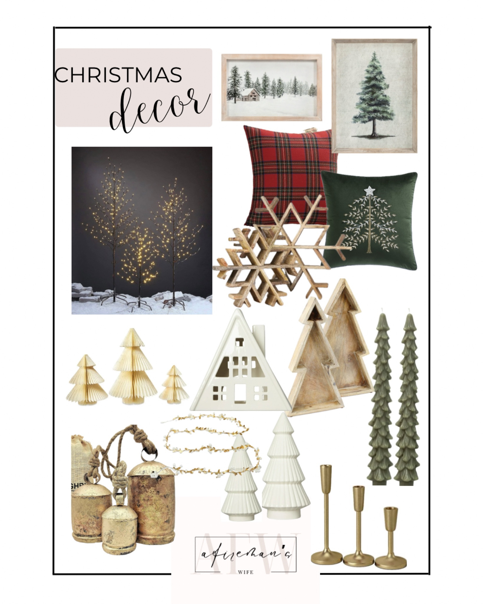 Here is some Christmas decor I’ll be using this year!

Christmas Plaid Decorative Throw Pillow Covers Scottish Tartan Cushion Case | AuldHome Wooden Christmas Tree Trays (Nested Set of 2, Natural) | Lightshare Set of 3 Star Light Trees, Including 3 feet, 5 feet, and 6 feet, Warm White | Creative Co-Op Unscented Tree Shaped Taper Candles | Set of 3 Giant Harmony Cow Bells | Wooden Snowflake | White Honeycomb Trees, 3 Pieces |  20" x 20" Green Velvet Embellished Tree Decorative Pillow |  White Ceramic Tree Decoration |  White Large A-Frame Ceramic House | Snow Cabin Reclaimed Wood Framed Tinted Gel + Glitter Emb Canvas Print | Winter Tree Reclaimed Wood Framed Woven Paper |  Gold Leaves Garland with LED Lights | Set of 3 Aluminum Taper Holders Gold 

#LTKSeasonal #LTKHoliday #LTKHome