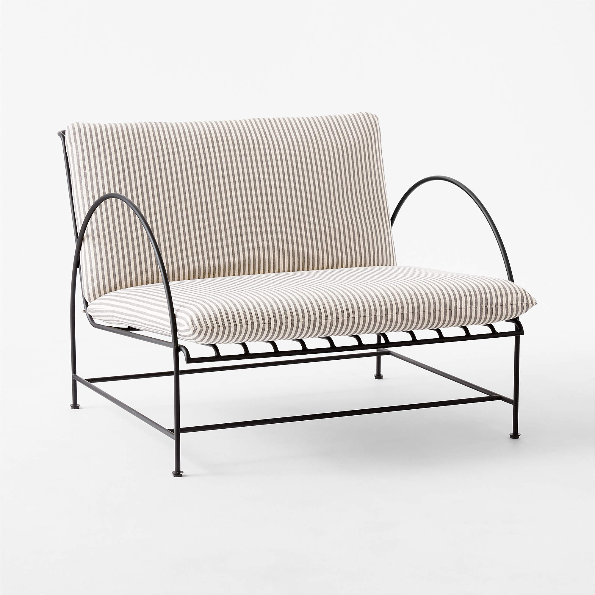 Costa Black Metal Outdoor Lounge Chair with Black And White Striped Sunbrella Cushions Set of 2 +... | CB2
