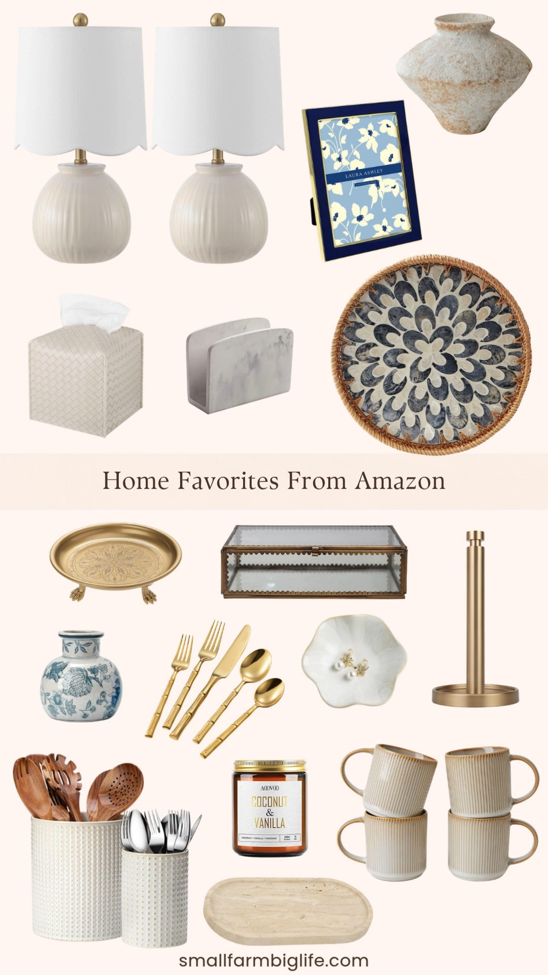 Sharing some of my favorite home finds from Amazon right now and there are so many beautiful pieces that make such a difference in how a space looks and feels! From gorgeous white ceramic table lamps and a brass and glass scalloped display box to a gold bamboo flatware set, mother of pearl inlay rattan tray, solid brass pedestal tray, travertine tray, rustic textured ceramic vase, blue and white vintage vase, and a coconut vanilla candle, these are the warm and layered home accessories that make every room feel so beautiful and intentional. Linking everything below! 

 #LTKHome #LTKSaleAlert