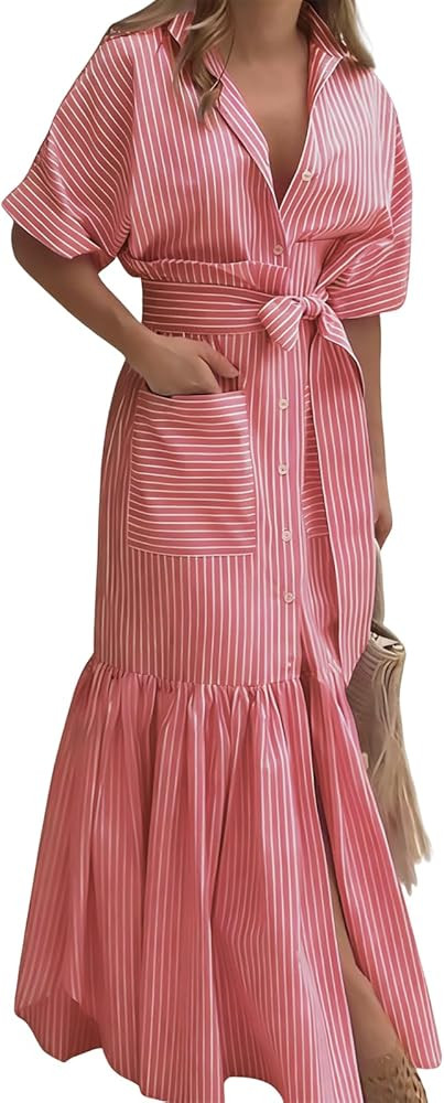 utcoco Women's 2026 Summer Casual Striped Button Down Maxi Dress Tie Waist Short Sleeve Shirt Dre... | Amazon (US)