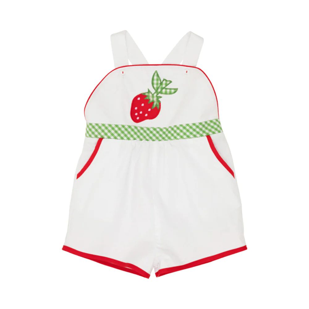 Ruthie Romper - Worth Avenue White with Strawberry Applique | The Beaufort Bonnet Company