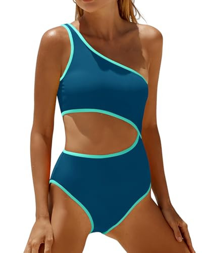 Women's One Piece Swimsuit- One Shoulder Bathing Suit Cutout Tummy Control Swimwear Teal and Green L | Amazon (US)