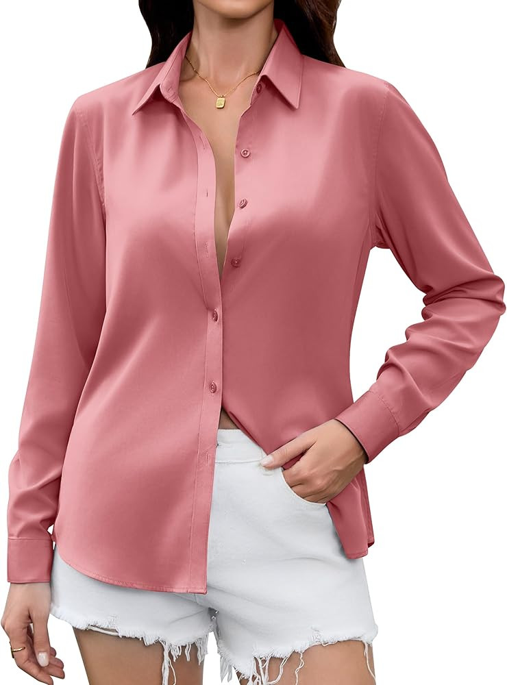 Satin Silk Button Down Shirts Long Sleeve Blouses Tops | Amazon (US)