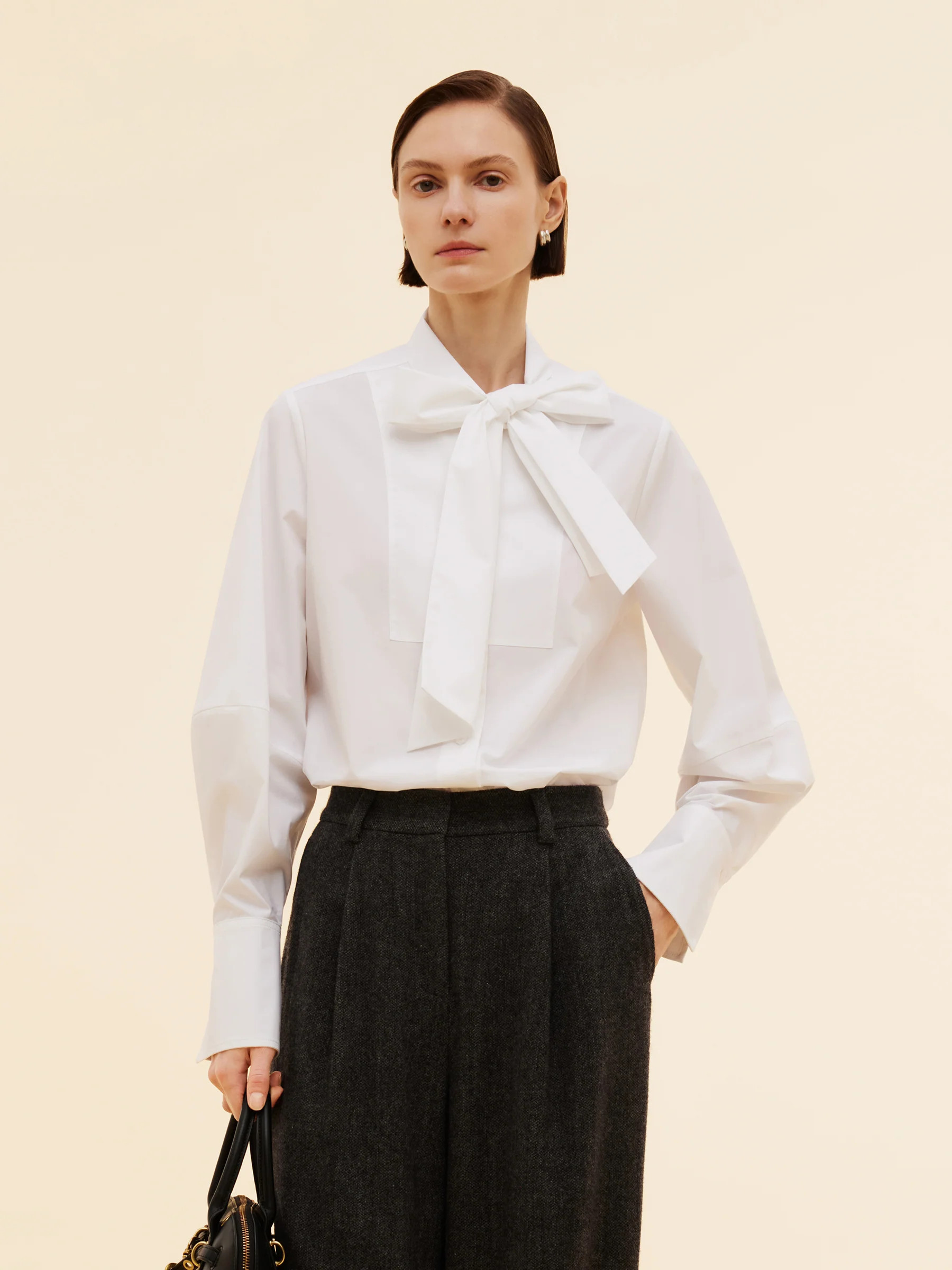 Bow Tie Front Balloon Sleeve Women Loose Shirt - White / L | GOELIA