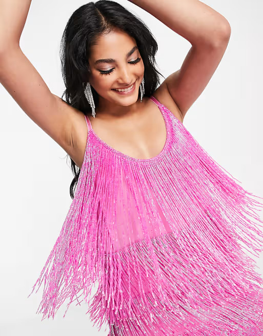 ASOS DESIGN embellished fringed mini dress in pink | ASOS (Global)