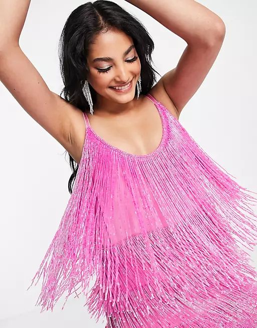 ASOS DESIGN embellished fringed mini dress in pink | ASOS (Global)
