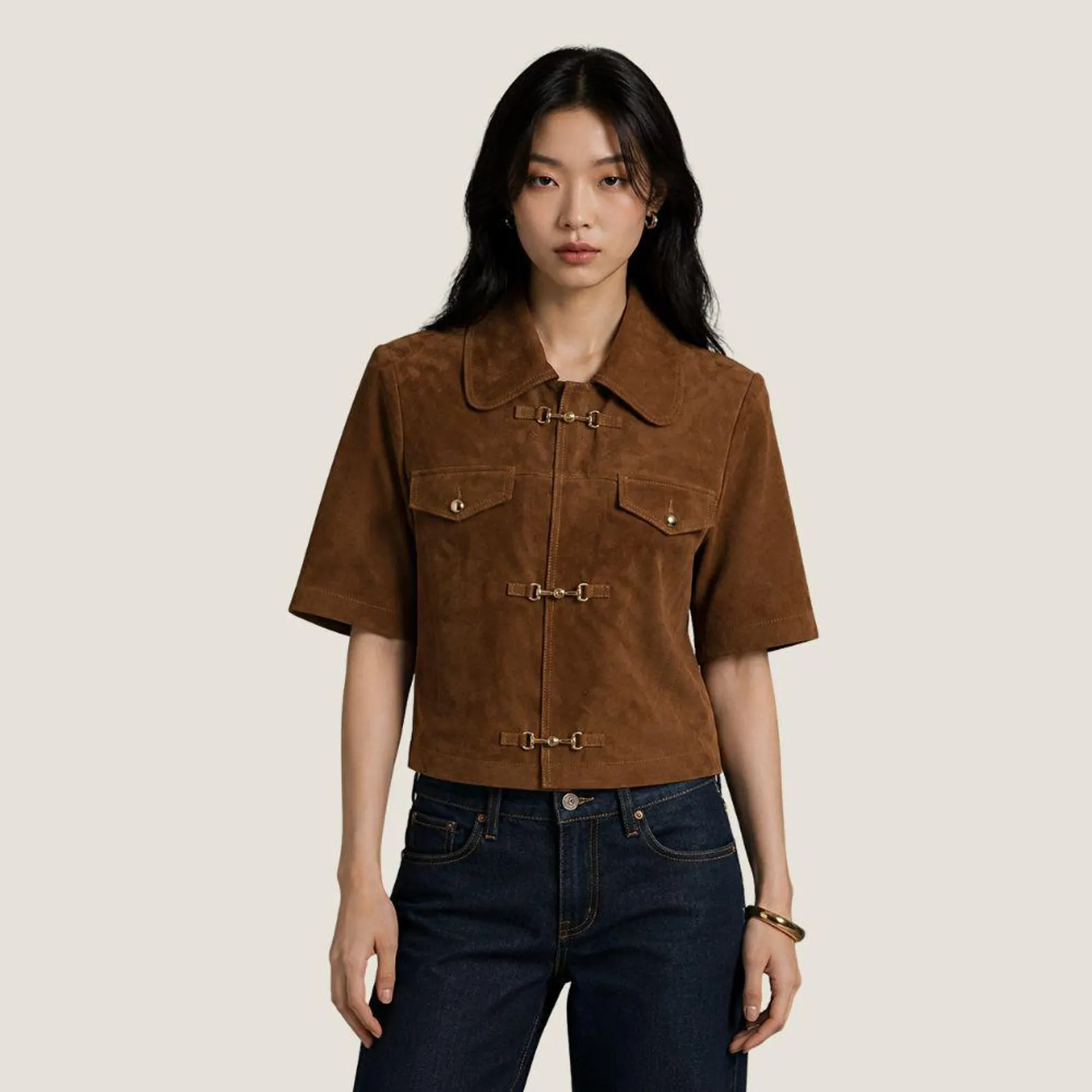 Women Brown Suede Cropped Jacket - Luxury Designer Double-Breasted Jacket With Button Detailing | Etsy (Global)