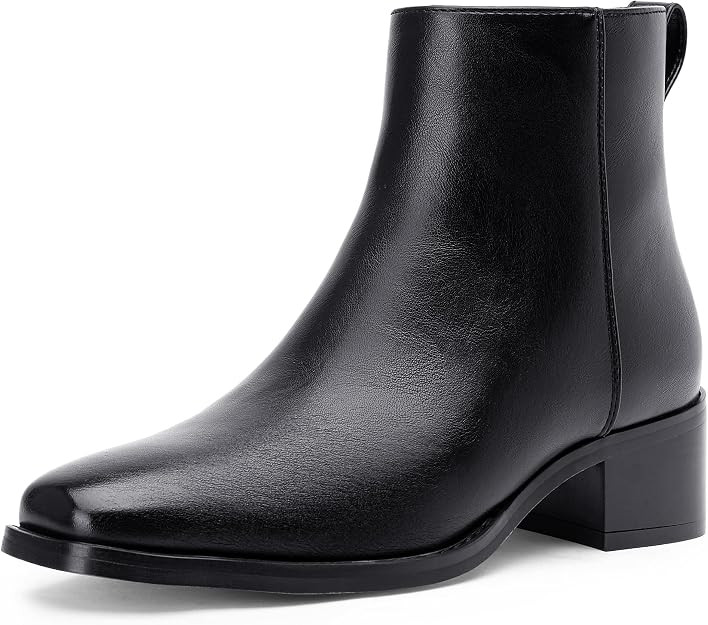 Women's Square Toe Ankle Boots, Low Block Heel Booties Side Zipper | Amazon (US)
