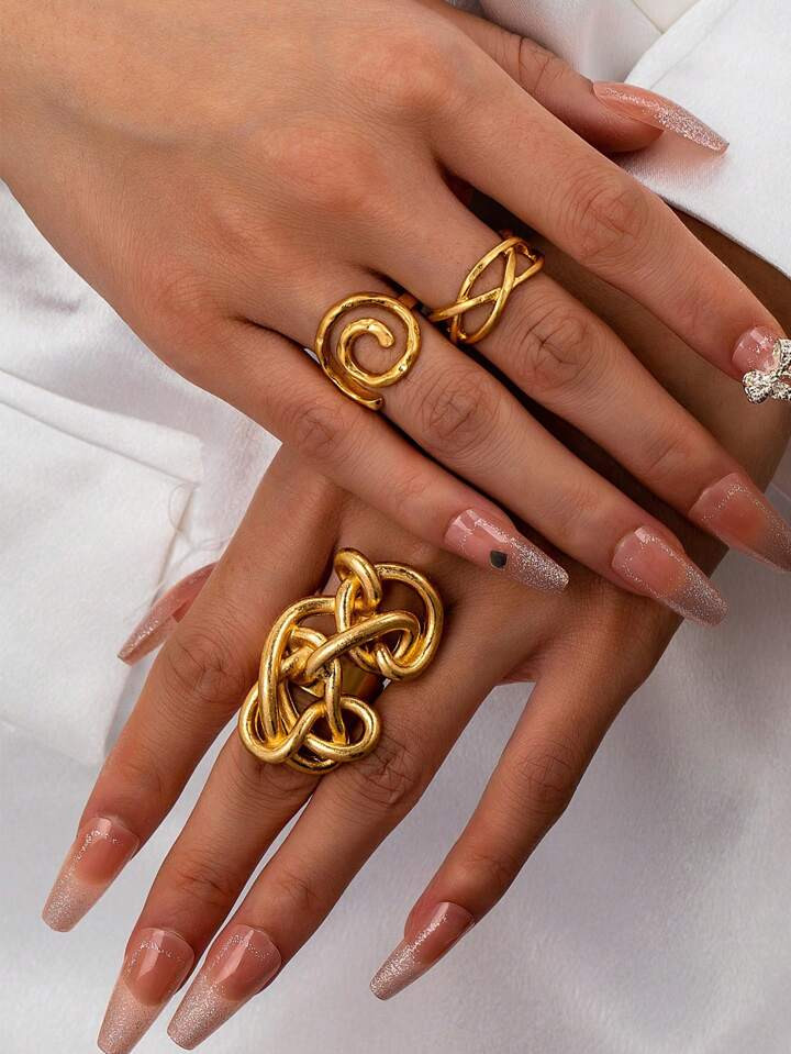 3 Pcs Golden Color Chunky Rings Set For Women Swirl Design Metal Wire Statement Rings Jewelry For... | SHEIN