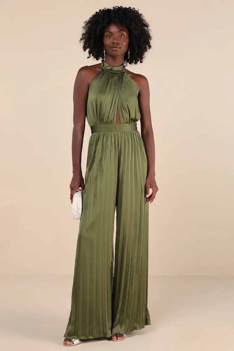 Confident Impression Olive Green Satin Pleated Halter Jumpsuit | Lulus